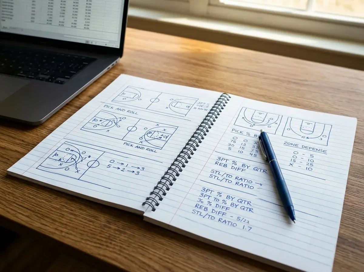 Basketball analyst reviewing performance statistics and metrics on notebook