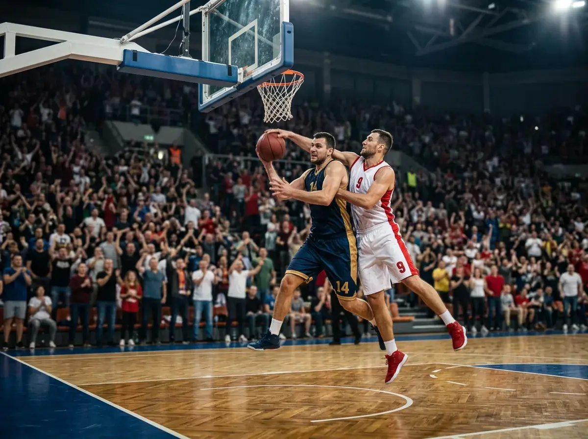 EuroLeague basketball players in action during professional game on court