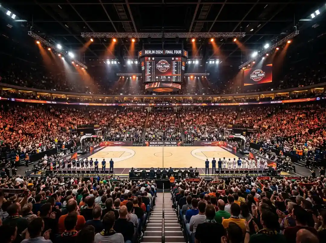 EuroLeague basketball arena with fans during a night game